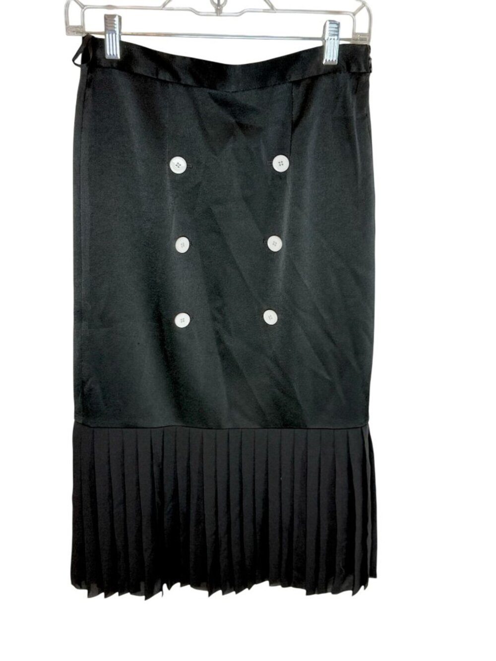 EDUN Black Midi Skirt Pleated Hem Contrast White Buttons - Size 4